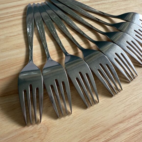 8 Fantasy Dinner Forks Oneida 1881 Rogers Stainless 7 5/8" Atomic MCM - Picture 8 of 9